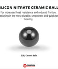 Front view of a dark silicon nitride ceramic ball on white background; Dragon Bearings logo below.