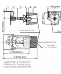 Diagram of Heavy Duty Horizontal Sidewall Fire Sprinkler Head Half Inch NPT 155 Degree with dimensions and components labeled.
