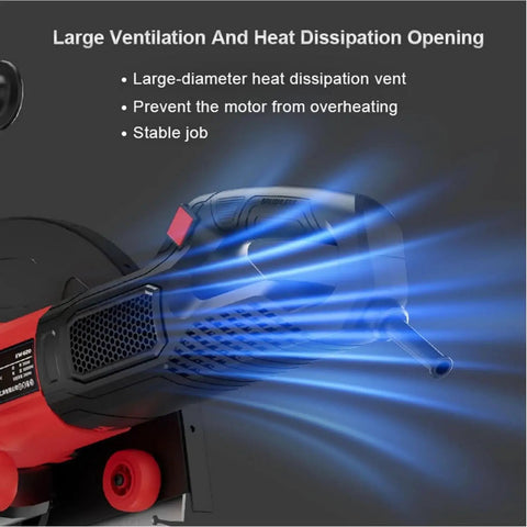 Close-up of Professional Grade Heavy Hitter Electric Concrete Cutter Saw showing large heat dissipation vent and cooling feature.