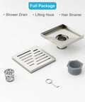 6 Inch Square Shower Drain With Brushed Nickel Surface Premium 304 Stainless Steel Build Features Smart Hair Catcher Delivering Hella Fast Drainage And Rock Solid Performance For Daily Bathroom Use full package including drain, lifting hook, and hair strainer.