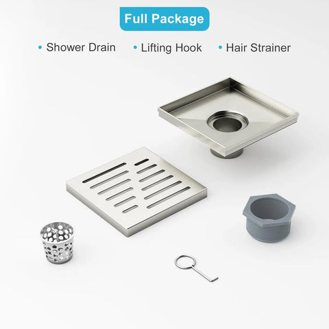 6 Inch Square Shower Drain With Brushed Nickel Surface Premium 304 Stainless Steel Build Features Smart Hair Catcher Delivering Hella Fast Drainage And Rock Solid Performance For Daily Bathroom Use full package including drain, lifting hook, and hair strainer.