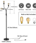 Diagram of Dimmable Industrial Floor Lamp with 3 Adjustable Gooseneck Arms showing dimensions and bulb types