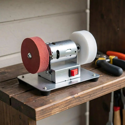 Tough Desktop Belt Sander And Badass Knife Sharpener featuring adjustable grinding angles on a compact motorized base for rust removal.