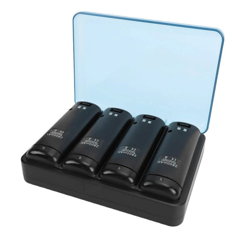 4 In 1 Charging Station For Remote Controllers With 4 Rechargeable 2800mAh NiMH Batteries And USB Cable For Stable Docked Battery Storage Black.