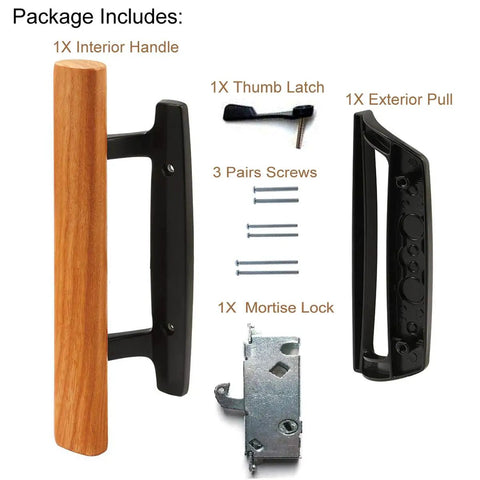 Sliding Glass Patio Door Handle Set With Oak Interior And White Diecast Exterior Finish, Mortise Lock With 45 Degree Keyway