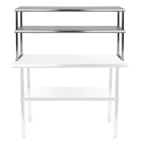 Heavy Duty Stainless Steel Double Overshelf For Commercial Prep Tables Certified Top Shelf Kitchen Storage Rack Connector For 18 By 72 Inch Workstations With No Sweat Setup, showing two stainless steel shelves above a workspace.