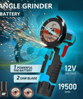 Badass 12v Mini Angle Grinder With Rechargeable Cordless Battery For Heavy Duty Grinding Polishing And Diamond Cutting Jobs That Deliver Knockout Slick Performance with sparks and saw blades.