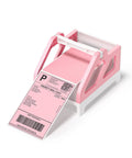 Heavy Hitter Universal Thermal Shipping Label Holder And Fan Fold Roll Organizer No Sweat Paper Dispenser Stand Pink displaying a label.