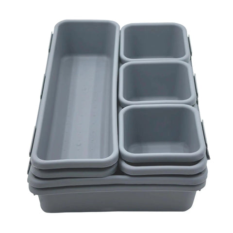 8 Piece Interlocking Drawer Organizer Trays Set in Light Gray Plastic, modular storage bins stacked view