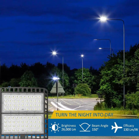 Heavy Duty 200W Led Parking Lot Lights 3 Pack With Dusk To Dawn Photocell Sensor And Slip Fitter Base illuminating a night street.