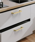 Top Shelf Brushed Gold Cabinet Pulls 10 Pack With Trim Down Screws For Kitchen Drawers Modern Deco Style on white drawers.