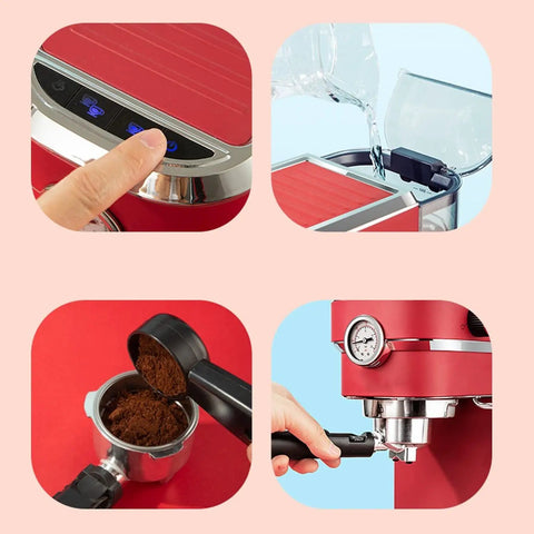 Premium Semi Automatic Espresso Machine With 15 Bar Pressure And 1.1 Liter Tank And Auto Shut Off Switch, showing water filling and controls in Retro Red.