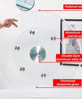 Extra Large Clear Glass Lazy Susan Turntable with polished edges and aluminum alloy base for dining table centerpiece.
