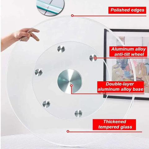 Extra Large Clear Glass Lazy Susan Turntable with polished edges and aluminum alloy base for dining table centerpiece.