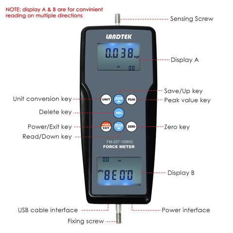Dead On Digital Force Gauge Push Pull Meter With Data Memory 50KgF 490N 110LbF Tensile Tester showing LCD displays, buttons, and sensing screw.