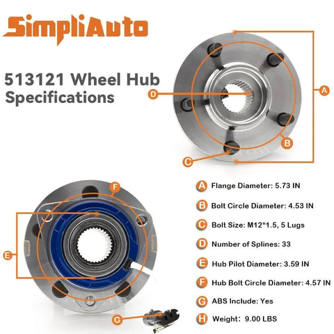 Wheel Hub Assembly Front or Rear specs for Buick Century, Chevy Impala, 5-Lug w/ ABS, direct-fit sealed unit replacement, dimensions shown