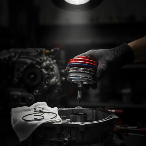 Transmission Servo Cover Actuator Assembly Featuring Tough Aluminum Housing And Comprehensive Seal Kit For Quick Gearbox Swaps, held by gloved hand.