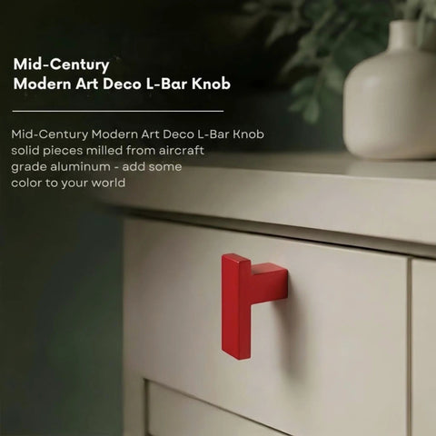 Chic Mid Century Modern L Bar Cabinet Knob In Matte Rose Red Finish Crafted From Durable Solid Aluminum on a drawer.