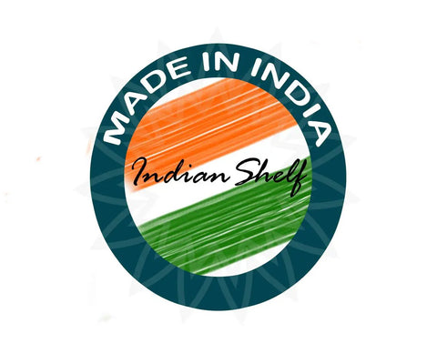 Made in India logo featuring colors of the Indian flag with 'Indian Shelf' text, representing authenticity and craftsmanship.
