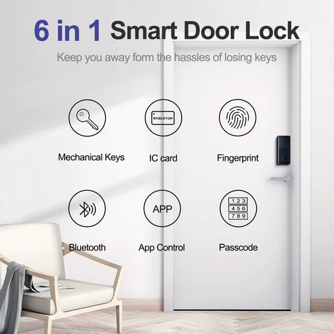 Diagram showing features of Keyless Entry Smart Door Lock With Fingerprint Anti Peep Code Bluetooth Auto Lock on white door.
