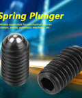 Built Rugged Carbon Steel M6 Hex Socket Ball Spring Plunger Set Ten Piece Lock Tight Screw Thread Mechanical Clamp Positioning Fastener, M6 size, with hex socket head and spring loaded design.