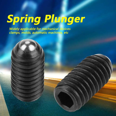 Built Rugged Carbon Steel M6 Hex Socket Ball Spring Plunger Set Ten Piece Lock Tight Screw Thread Mechanical Clamp Positioning Fastener, M6 size, with hex socket head and spring loaded design.