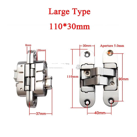 No Sweat Heavy Duty 10 Piece 3D Adjustable Cross Door Hinges Invisible Zinc Alloy Hidden Hinge Kit 110x30mm with detailed dimensions.