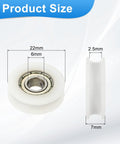 8 Pack White Nylon U Type Groove Guide Bearings 6Mm ID 22Mm OD 7Mm Thick shown with dimensions for precise use in projects.