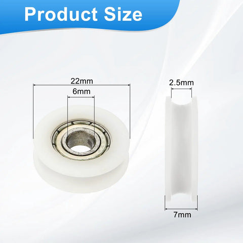 8 Pack White Nylon U Type Groove Guide Bearings 6Mm ID 22Mm OD 7Mm Thick shown with dimensions for precise use in projects.