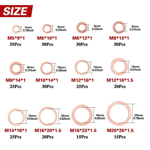 Copper Washer Set 300 Piece Flat Ring Assortment Kit With 12 Size Range M5 M20 sizes displayed with dimensions