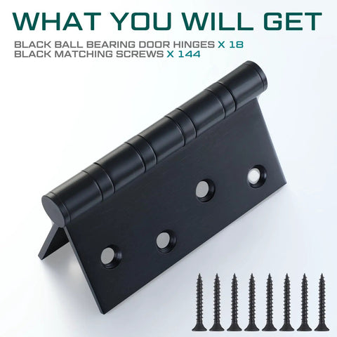 Black ball bearing door hinge from 18 Pack Built Tough Exterior Door Hinges, 4 X 4 Inch Ball Bearing Leaves For Heavy Wood Doors.