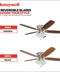Glen Alden 52 Inch Classic Dope Flush Mount Indoor LED Ceiling Fan with 5 reversible blades, Cimmeron and Walnut, brushed nickel