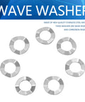 Heavy Duty Wave Spring Washers M8 50 Pack Stainless Steel Anti Loosening Hardware Built Tough For Shaky Rigs Auto Parts Precision Crafted Shock Absorbing Locking Rings shown in a circle arrangement.