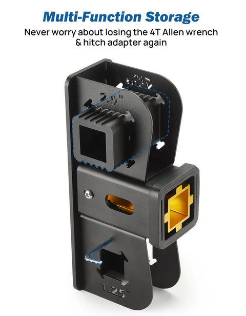 Heavy Duty Hitch Wall Mount For Garage Storage Designed To Fit One Point Two Five Or Two Inch Receivers While Locking Down Your Bikes Cargo Cases And Ski Gear Zero Fuss Install, showing multifunctional storage for hitch adapter.