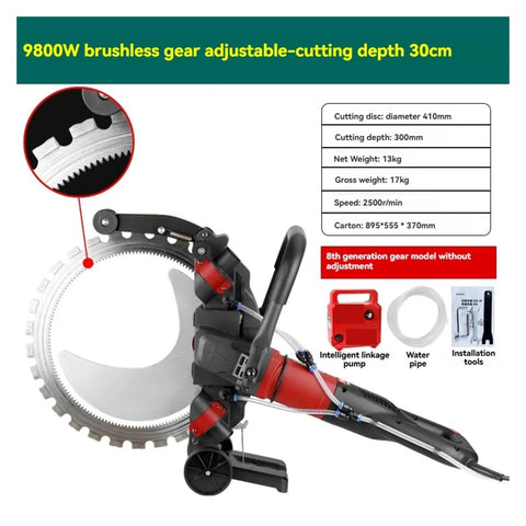 High Frequency Circular Saw For Reinforced Concrete Wall Cutting And Cement Road Ring Cutting Built Like A Tank With Professional Grade Precision, showing brushless gear and 410mm cutting disc.