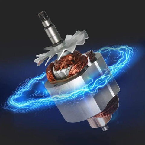 Inside view of Electric Grain Grinder Superfine Mill 4500W Dry Flour Milling Machine motor with copper coils and blue energy effect.