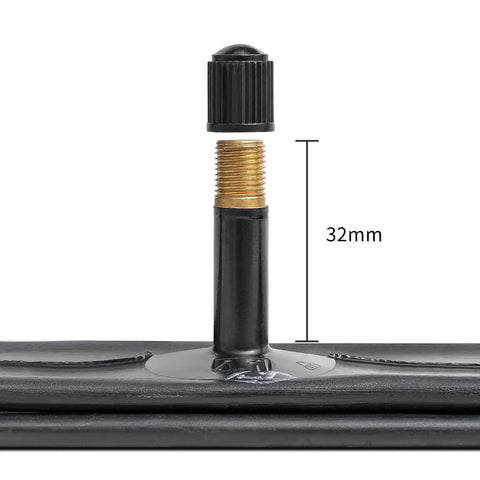 Close-up of AV32mm Schrader valve on two pack heavy duty bike tubes with AV32mm Schrader valve for 27x1 1/4 and 27x1 3/8 tires 28/35-630 inner tubes compatible with 27x1 1/4, 27x1 3/8, 28-630 and 35-630 for road and mountain bikes built to last.