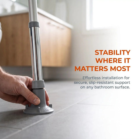 Heavy Duty Rubber Suction Cup Floor Pads For Toilet Grab Bars And Shower Seats With Badass Waterproof Foam Grip supporting a grab bar on gray tile.