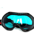 Heavy Duty Laser Safety Goggles Featuring Wide Spectrum Od4 Polycarbonate Lenses That Block Harmful Uv And Infrared Rays For Lab Tasks And Workshop Projects Providing Rock Solid Eye Protection With A Comfy Fit For Serious Shop Use No Cap - front view with dark frame and blue lenses.