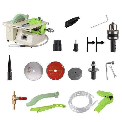 Professional Gem Faceting Machine Designed For Jade Stone Cutting Plus Jewelry Angle Polishing 500 Through 7000 RPM Integrated Precision Lapidary Grinding Workstation with various components.