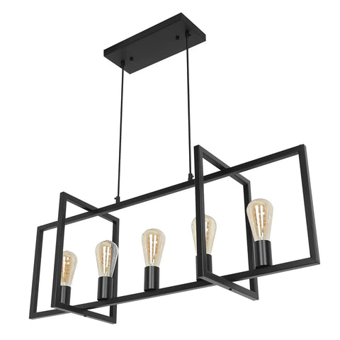Modern Farmhouse Kitchen Island Chandelier with Industrial Matte Black Finish Open Geometric Frame 5 Light Island Light Fixture
