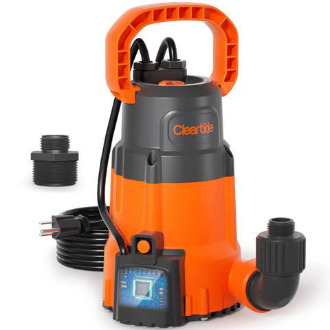 Quiet Quarter Horsepower Submersible Utility Pump With No Fuss Auto Water Sensor And Manual Mode, 2160 GPH High Flow, Thermoplastic Portable Sump Pump For Flooded Basements Pools Hot Tubs Ponds And Garden Draining, 10 Ft Cord showcasing orange body and accessories