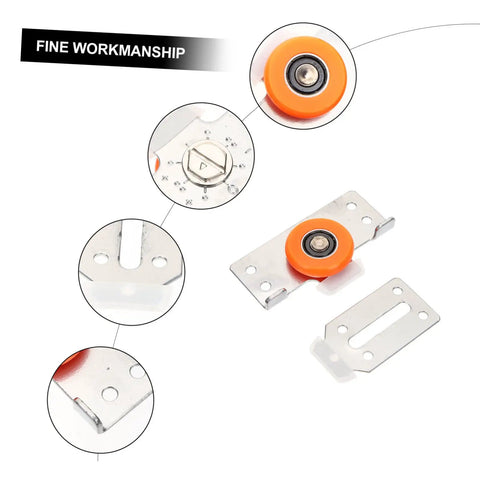 Heavy Duty Sliding Door Rollers Two Sets Silent Bearing Roller Pulleys For Wardrobe Closet Glass Cabinet Smooth glide components with orange wheel.