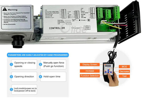 Wireless Swing Door Operator With Square Handicap Push Buttons And Built Tough Stainless Steel Electric Strike controller with settings and programming interface.