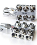 Pro Level Heavy Duty Rock Solid Battery Terminal Clamps Pair 12 Way Power Distribution Block, aluminum, 8 AWG to 4/0 XL cable.
