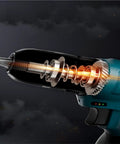 Close-up of Total Ripper Cordless Drill 168 Volt Rechargeable Power Tool, showcasing internal mechanics and energy flow.
