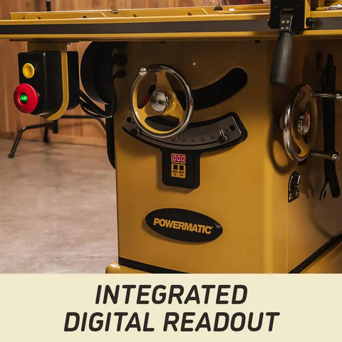 Heavy Duty 10 Inch Table Saw With Rolling Workbench, 50 Inch Rip Capacity, 5 Horsepower 3 Phase Motor with digital readout controls.