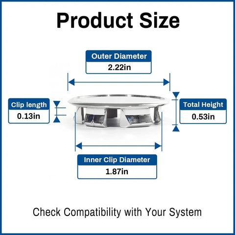 Open End Plus Plug Wheel Center Caps For Trailer And RV Replacement Chrome EZ Lube Cap 2.22 Inch dimensions with measurements