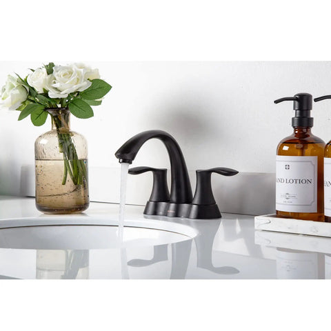 Matte Black 4 Inch Centerset Bathroom Faucet With Two Handles Pop Up Drain And Supply Lines Solid Brass Construction