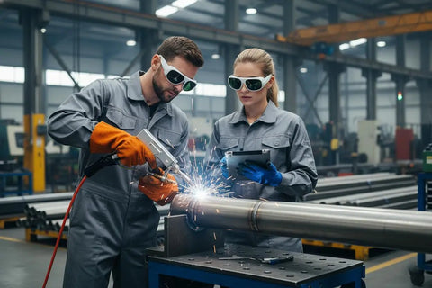 Kickass Laser Safety Glasses For Handheld Laser Welding And Fiber Lasers 900 To 1100Nm Od8 Plus Din4 Rating Heavy Duty Eye Shielding Goggles worn by welders.